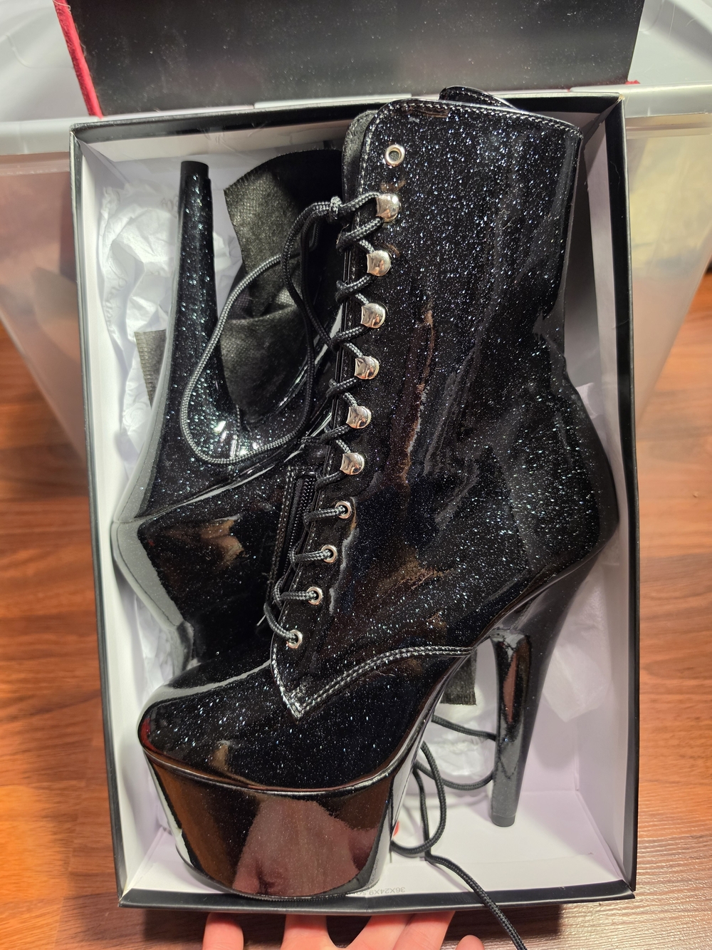 NIB Pleasers 7" Adore-1020GP Black Glittery Boots Heels Pole Dance